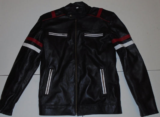 Black Leather Jacket with White and Red Stripes Design