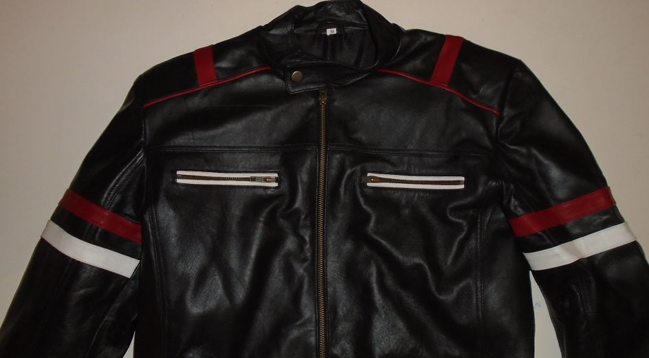 Black Leather Jacket with White and Red Stripes Design