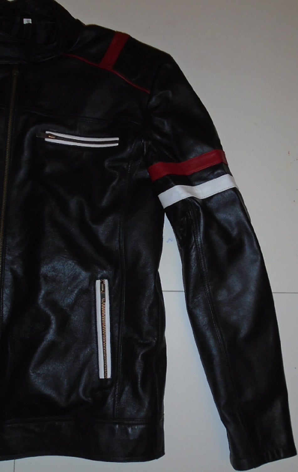 Black Leather Jacket with White and Red Stripes Design