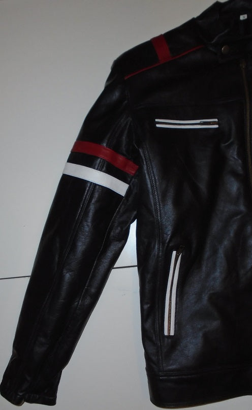 Black Leather Jacket with White and Red Stripes Design