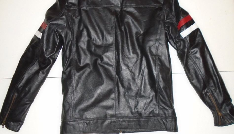 Black Leather Jacket with White and Red Stripes Design