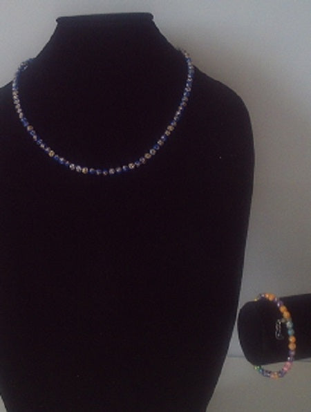 Blue Small Bead Necklace Bracelet Set