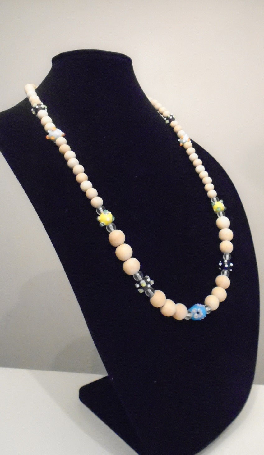 Wooden Beads and Blue Design Necklace Bracelet Set