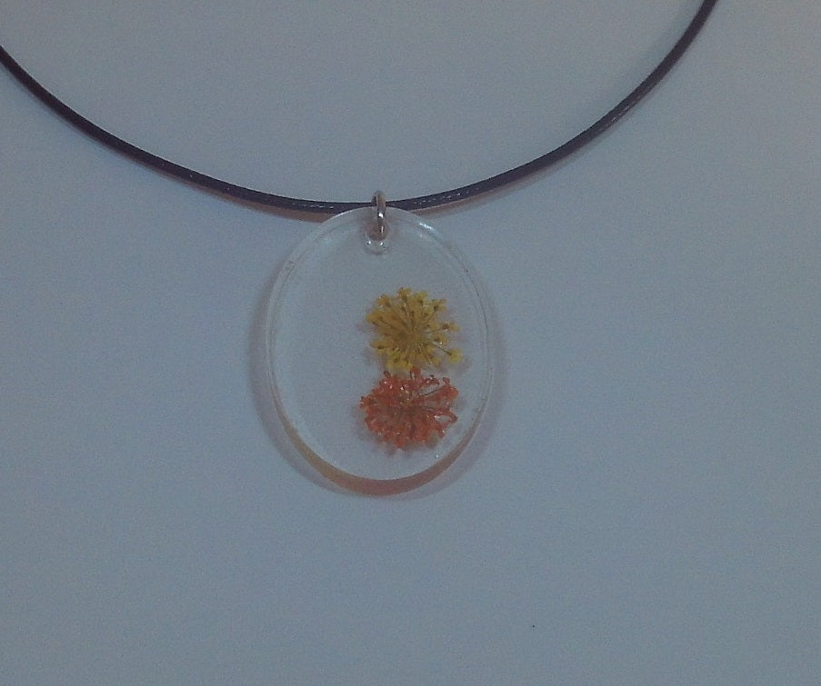 Pink and Yellow Flower Design Oval Resin Necklace