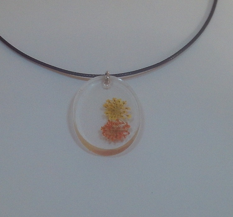 Pink and Yellow Flower Design Oval Resin Necklace