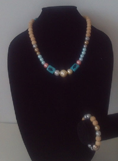 Wood Design Turquoise Squares Necklace and Bracelet Set